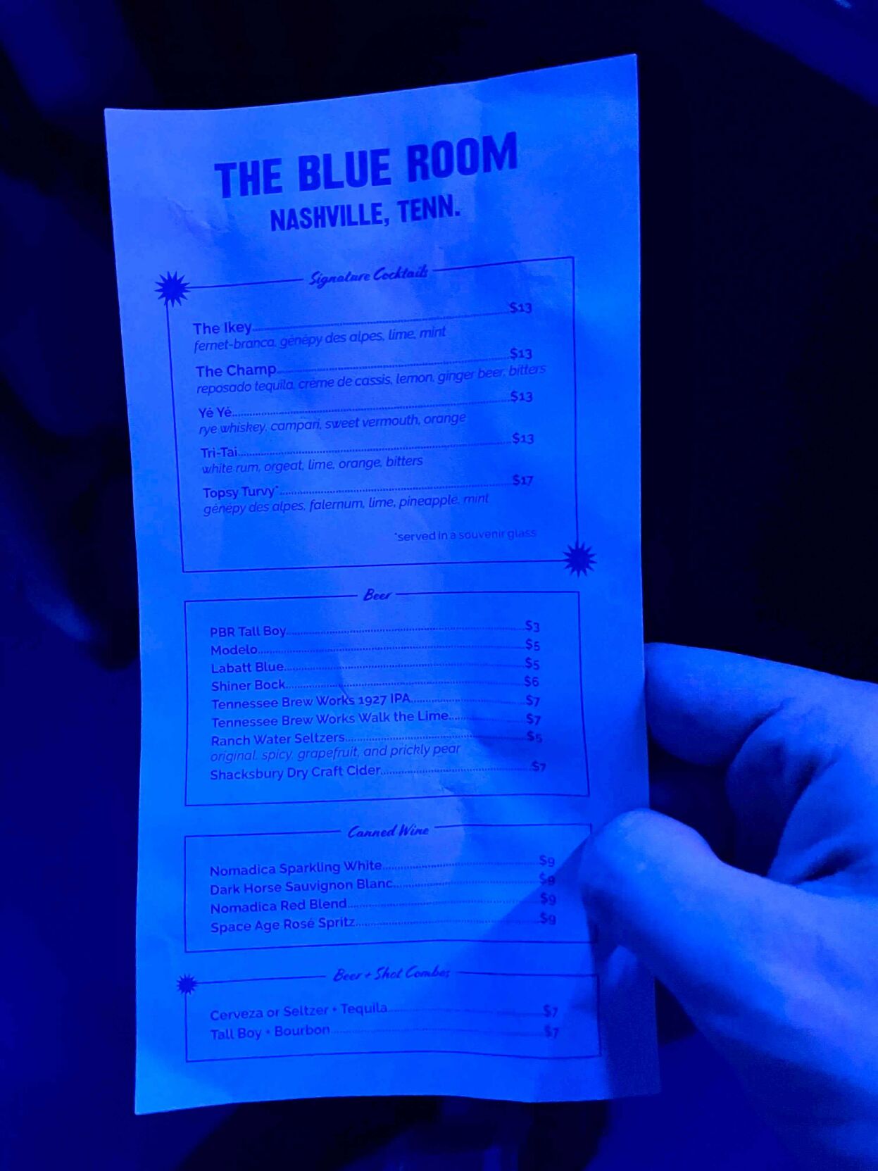 Blue Room Bar Menu